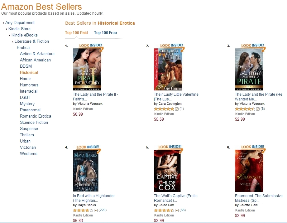 Amazon chart showing The Lady and the Pirate II by Victoria Wessex at #1